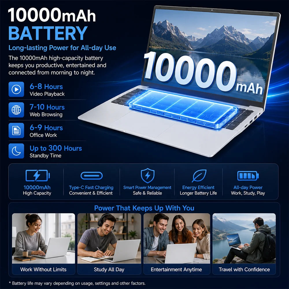 17.3 Inch HD+ Laptop Intel N95 12GB RAM 512GB SSD | Windows 11 Large Screen Office & Entertainment Notebook | Fingerprint Unlock Backlit Keyboard Type-C 10000mAh Battery Numeric Keypad (French Warehouse Tax Included)