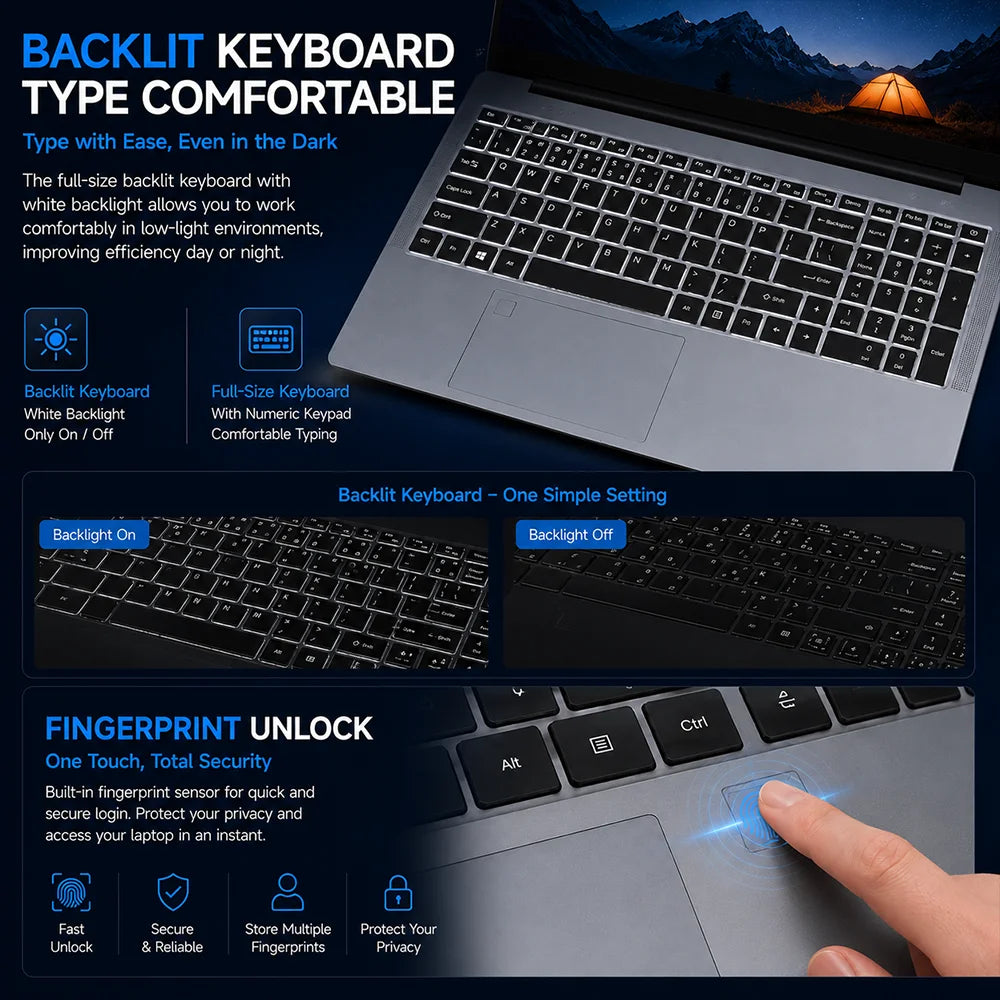17.3 Inch HD+ Laptop Intel N95 12GB RAM 512GB SSD | Windows 11 Large Screen Office & Entertainment Notebook | Fingerprint Unlock Backlit Keyboard Type-C 10000mAh Battery Numeric Keypad (French Warehouse Tax Included)