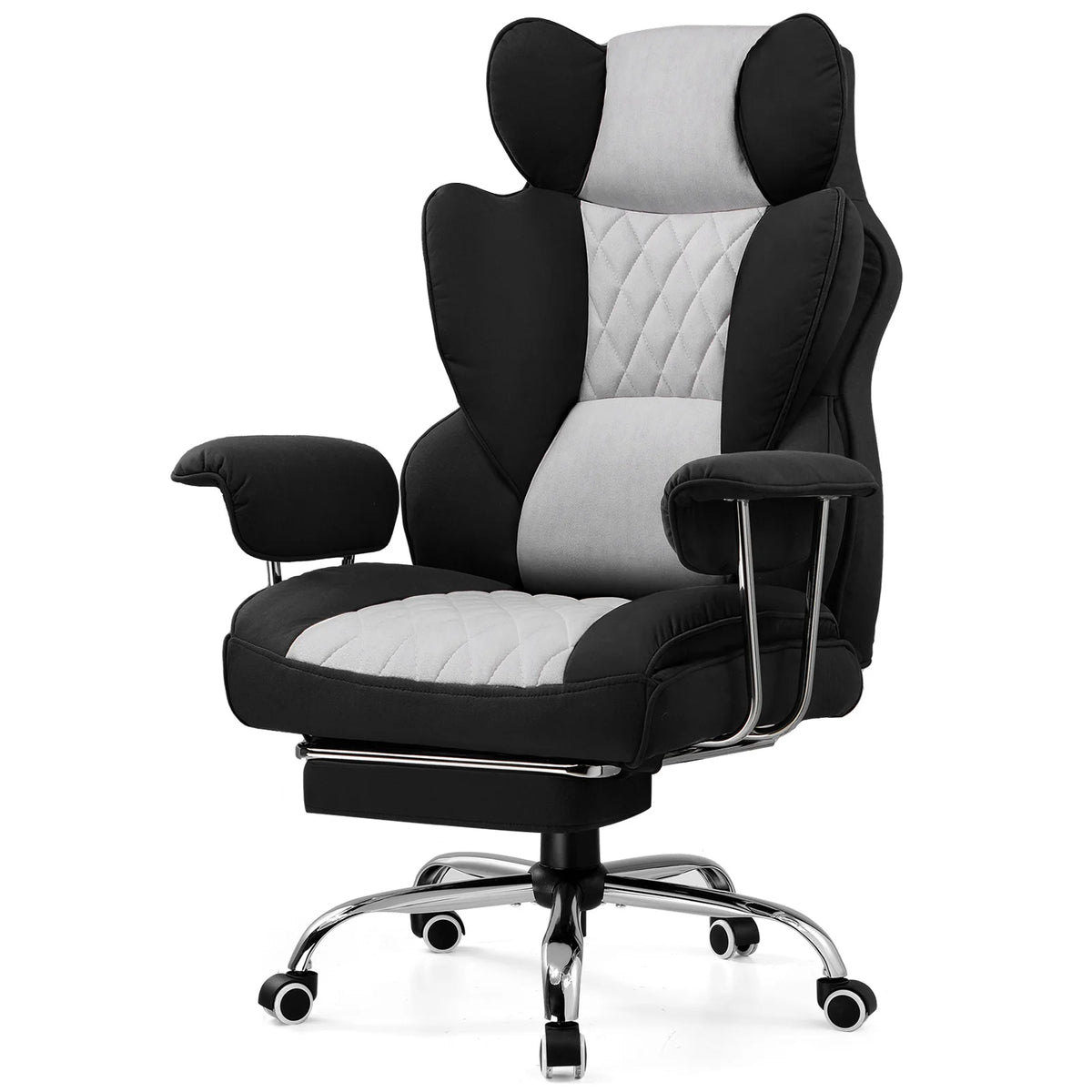 Silla gamer bicolor blanco y negro con reposacabezas y reposapiés integrado.