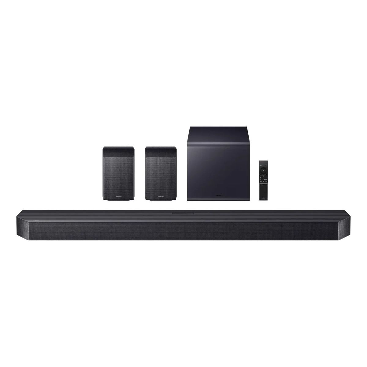 Barra de sonido Samsung negra con subwoofer, dos altavoces traseros y control remoto