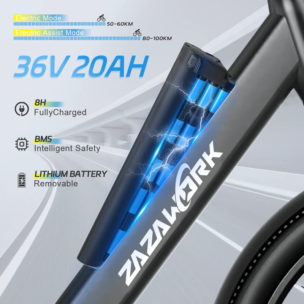 ZAZAWORK C28 Bicicleta eléctrica de 29 pulgadas, motor de 250W, batería de 36V 20Ah, autonomía de hasta 120 km, bicicleta eléctrica urbana para adultos, 7 velocidades, frenos de disco mecánicos, certificación CE