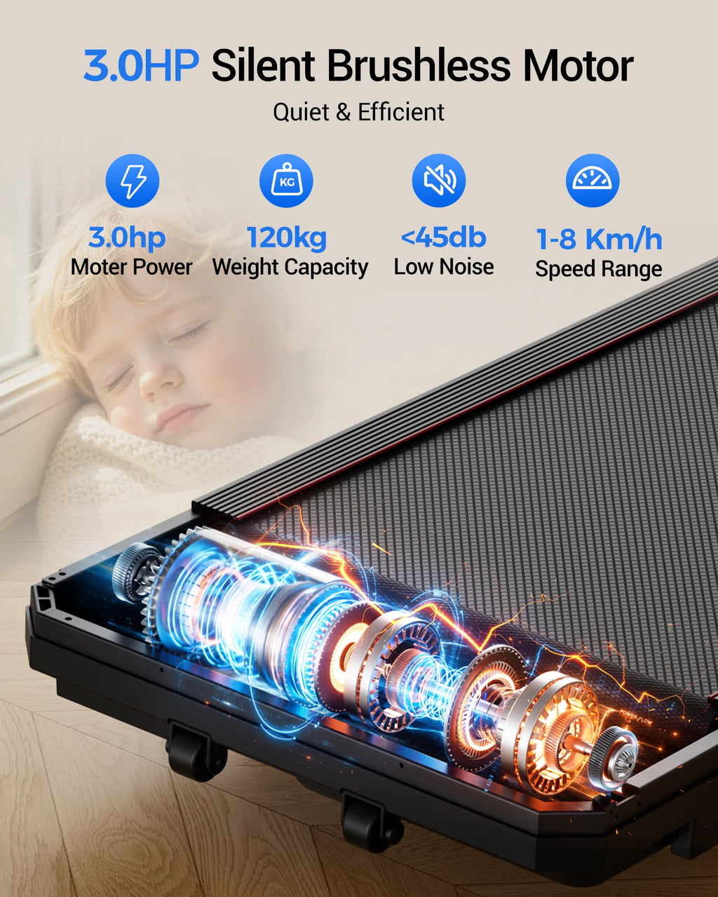 Caminadora Robore U19, plegable, para uso doméstico, máquina de ejercicio eléctrica portátil, motor sin escobillas de 3,0 CV, caminadora silenciosa para apartamentos, con sistema de absorción de impactos, control remoto,