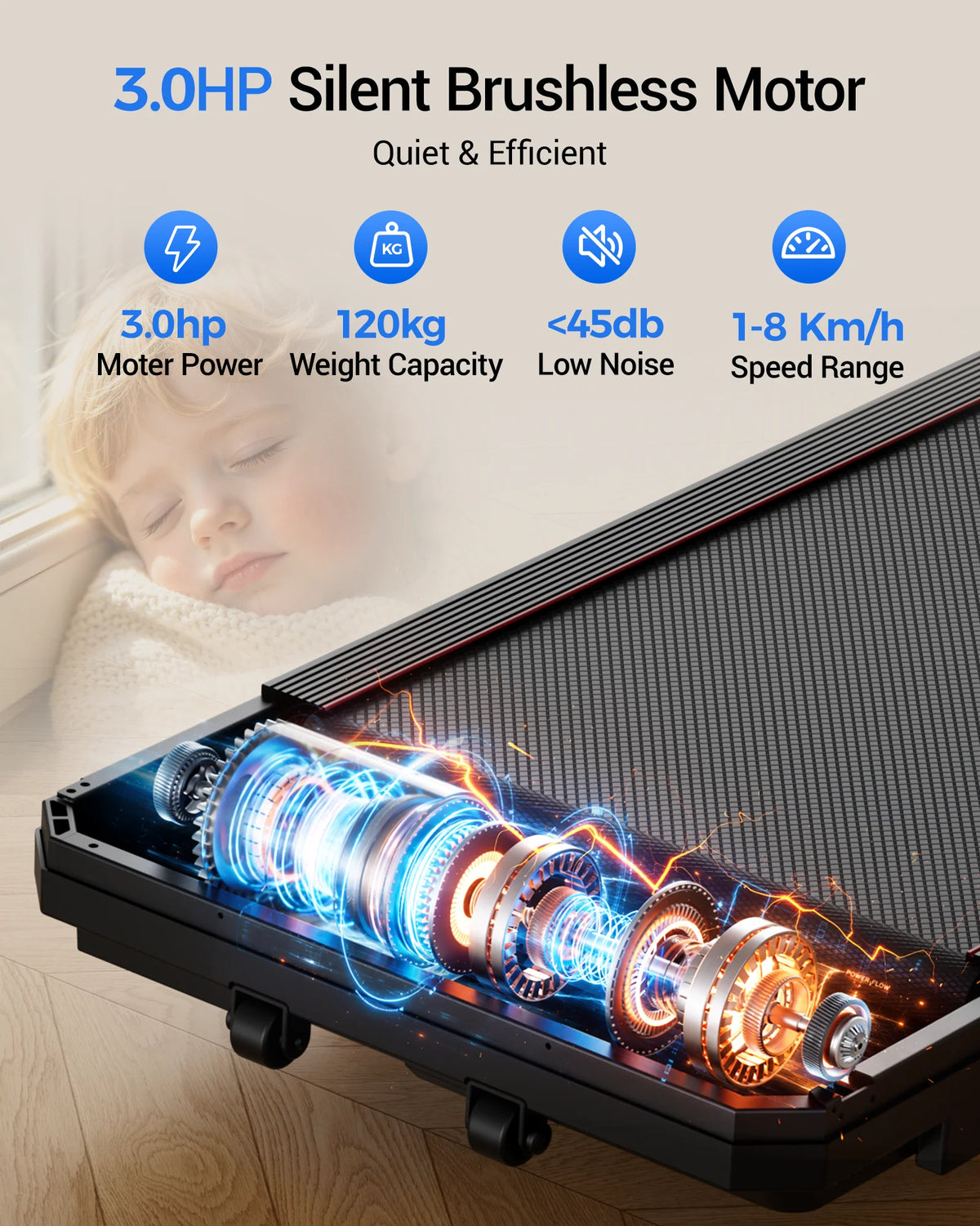 Caminadora Robore U19, plegable, para uso doméstico, máquina de ejercicio eléctrica portátil, motor sin escobillas de 3,0 CV, caminadora silenciosa para apartamentos, con sistema de absorción de impactos, control remoto,