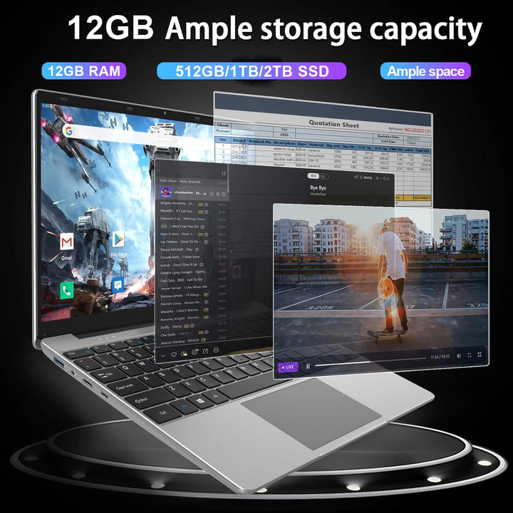 Portátil FUCHU 2026 Intel Atom X7 A3950 12GB RAM 1TB 2TB SSD 14.1 Pulgadas Ultra Delgado Ordenador Windows 11 Pro PC para Juegos, Oficina, Estudio y Negocios