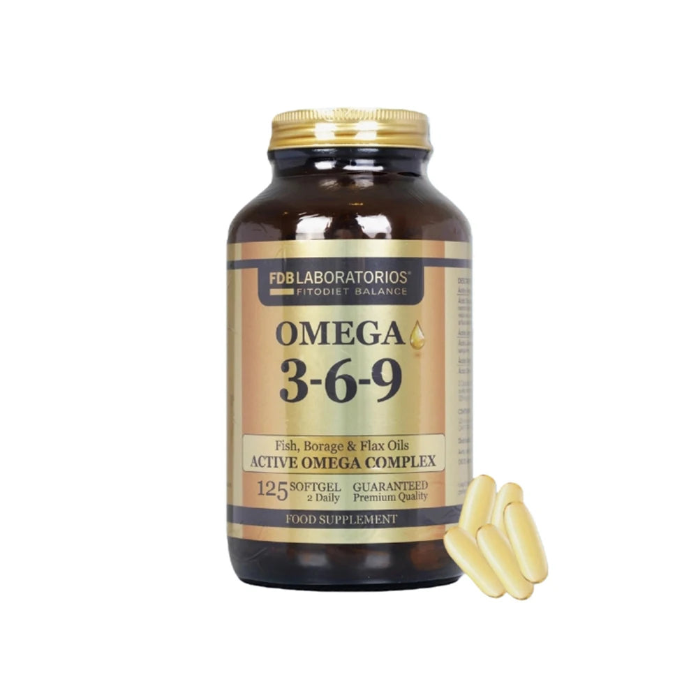 🎀FDB omega 3 6 9-Fish,Borage & Flax Oils active omega complex|Rich in vitamin E|125 cápsulas blandas