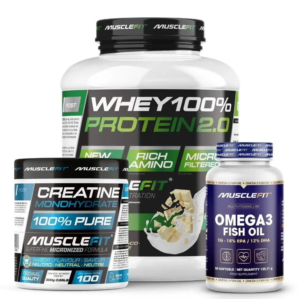 Pack Proteína WHEY 2kg + Creatina 300g + Omega 3 90cáps - Musclefit  Avance Muscular│Mas musculos│Vitaminas