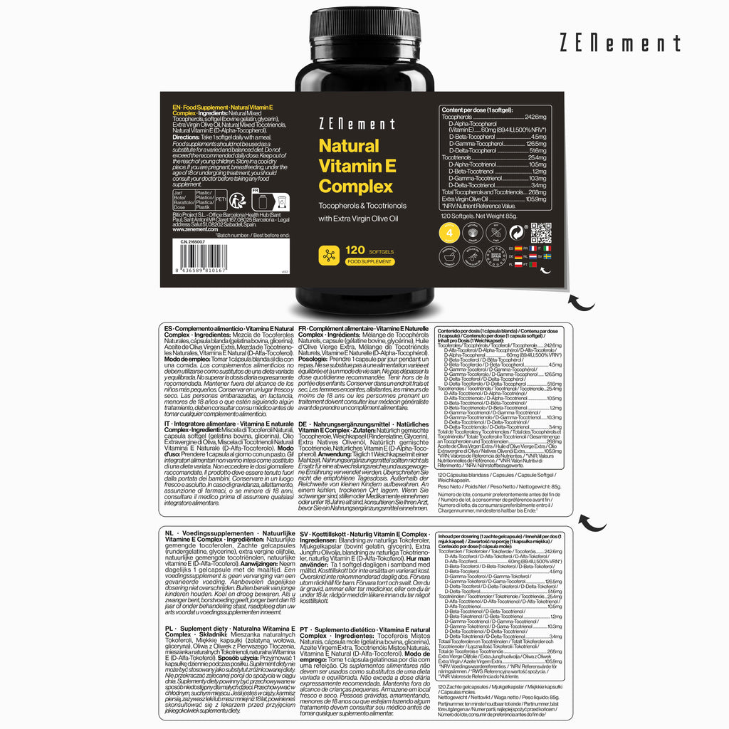 Vitamina E Natural Complex Tocoferoles & Tocotrienoles - 120 Cápsulas blandas Zenement