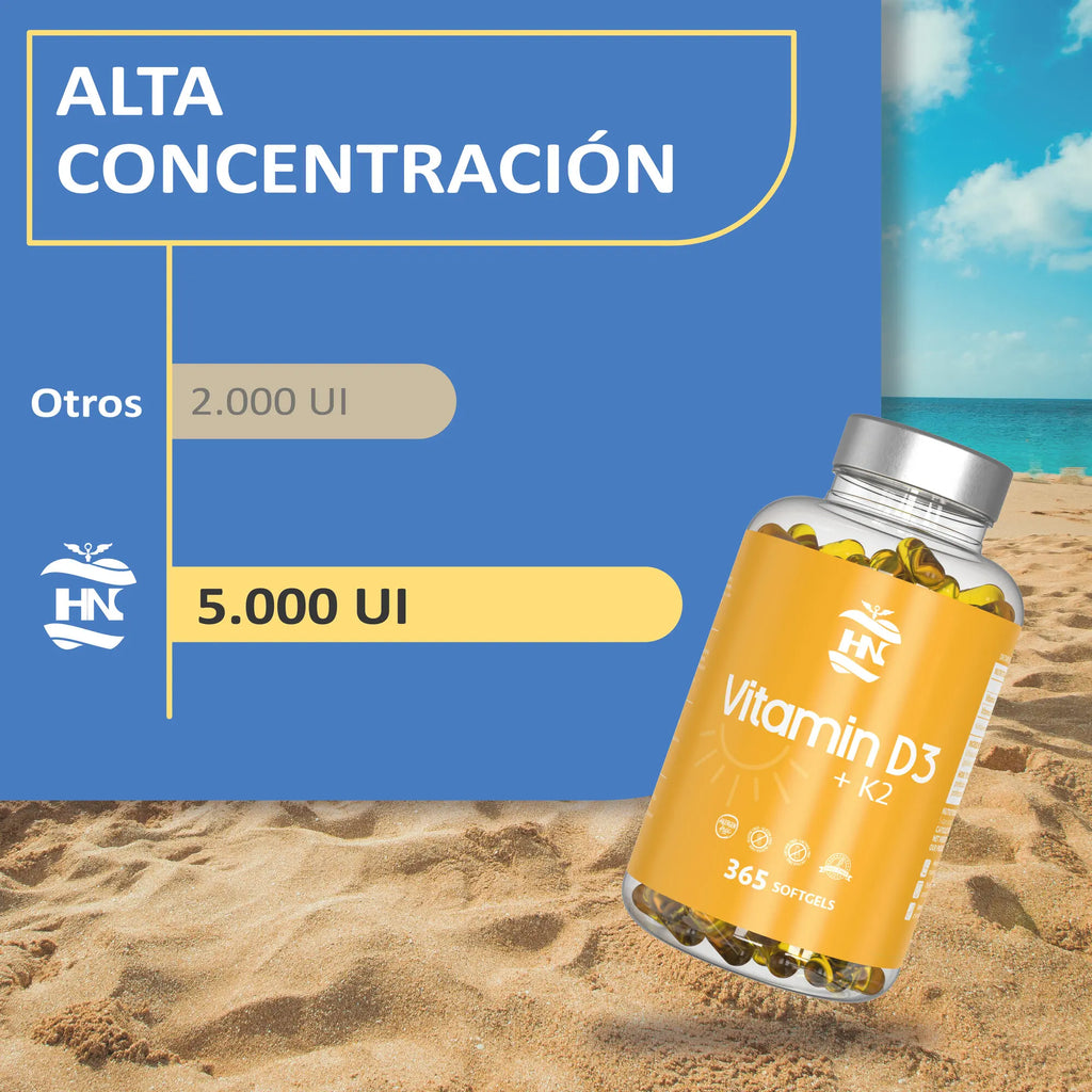 HN Healthy Nutrition Pack Omega 3 Aceite de Pescado (120 Perlas) + Vitamina D3 5000 UI y K2 (365 Cápsulas)