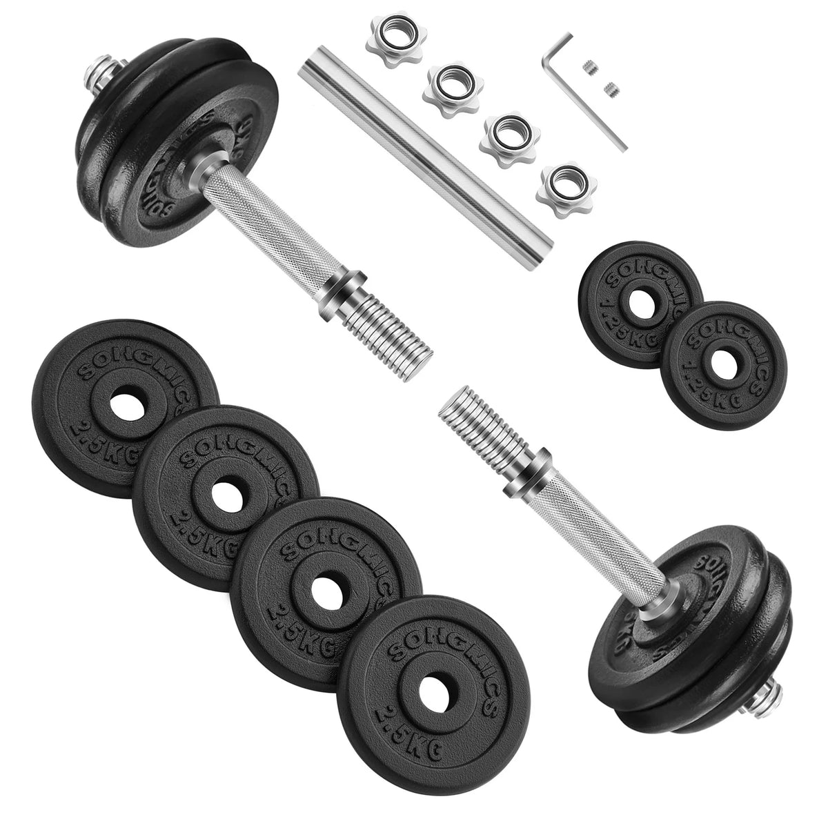 SONGMICS Juego de Mancuernas Ajustables de Hierro Fundido, con Barra Adicional,para Hombres y Mujeres, Entrenamiento de Fitness, Levantamiento de Pesas en el Gimnasio de casa