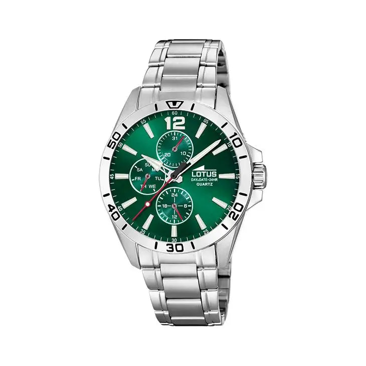 Reloj Lotus para hombre – Estilo sofisticado con esfera verde, 42 mm, acero inoxidable, multifunción con calendario, sumergible 5ATM, el reloj automático ideal para hombre.