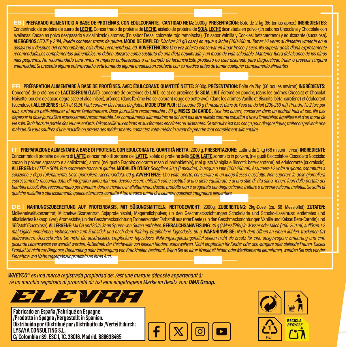ELEVRA - 100% PRO Whey Protein 2kg / Esta fórmula superior de proteína de suero concentrada WHEYCO® se elabora mediante procesos de fabricación optimizados, directos al cliente final. Así se obtiene la máxima calidad al