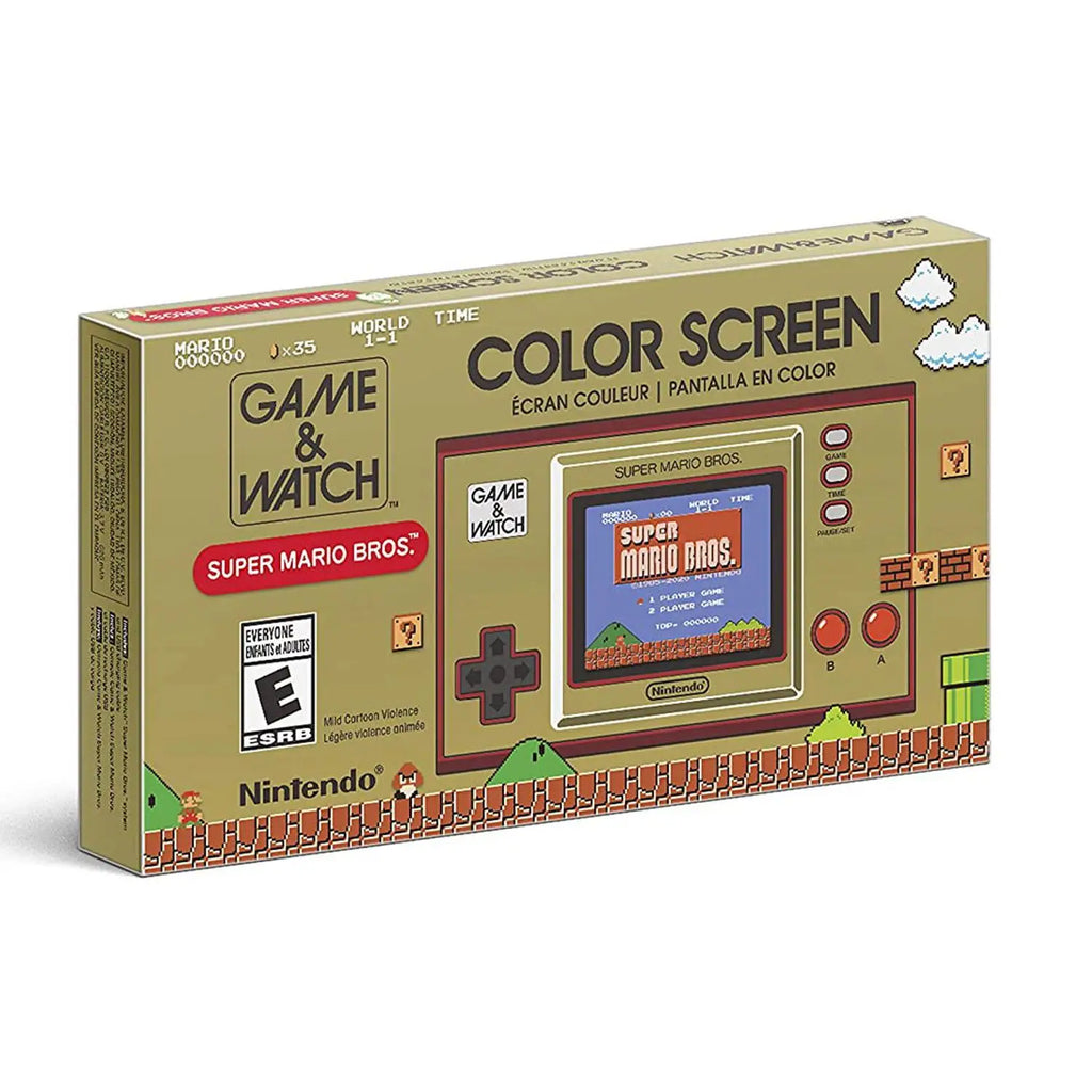 Play Super Mario Bros. with Game & Watch console, featuring additional controller, digital clock with 35 animations, includes Super Mario Bros., The Lost Levels, and Ball games for 1-2 players, ideal retro games console.