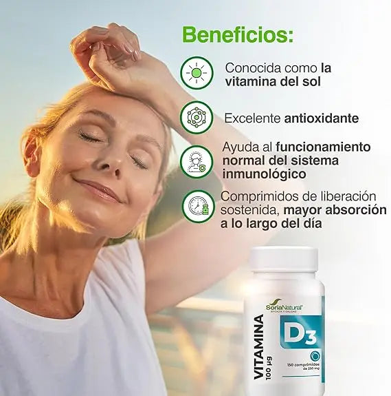 Vitamina D3 4000 UI (100 μg) Soria Natural - Vitamina d Vegana Ayuda a reforzar el Sistema Inmunitario, Huesos, Músculos y Dientes Fuertes | 150 Comprimidos para 5 meses | Vitaminas Mujer y Hombre