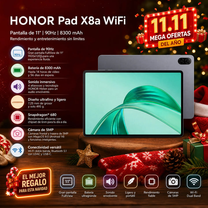 Tableta - HONOR Pad X8a WiFi, Space Gray, Relaja tu vista en 11 pulgadas con una fluidez total  Pantalla FullView HONOR｜8300mAh  Batería ultra grande｜Gran sonido  Disfruta de sus cuatro altavoces
