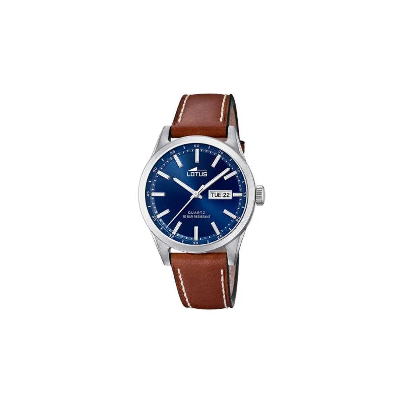 Reloj analógico para hombre Lotus 18671/3, movimiento de cuarzo, caja de acero inoxidable, esfera azul con manecillas plateadas, indicador de fecha y correa marrón, perfecto para ocasiones informales y elegantes.