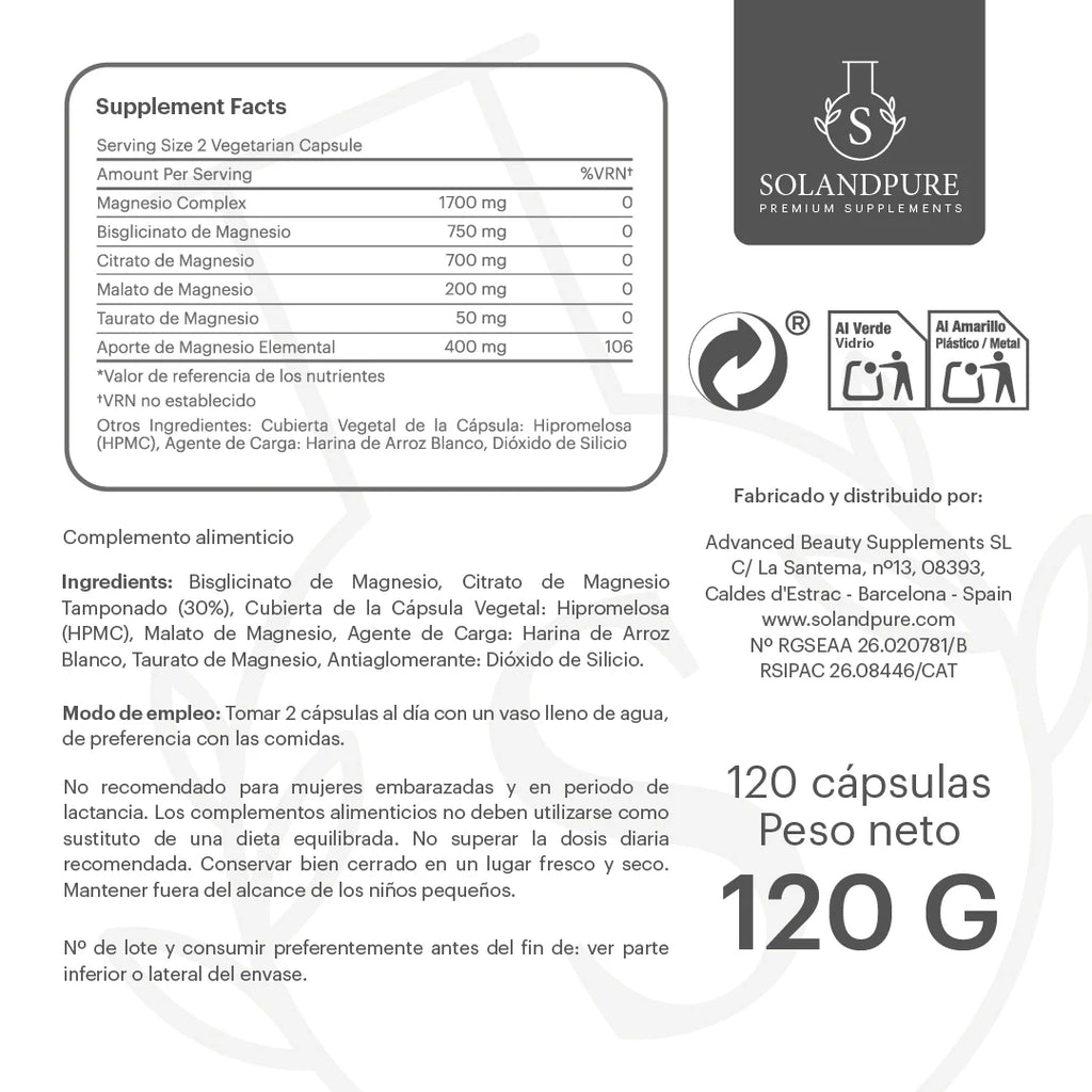 Magnesio Complex 750 mg – 120 Cápsulas Vegetarianas con 5 Formas de Magnesio (Bisglicinato, Citrato, Malato, Pidolato y Carbonato) para Energía, Sistema Nervioso y Reducción del Cansancio - Calidad Premium Solandpure®