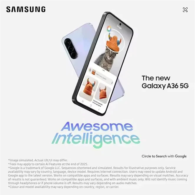 Samsung Galaxy A36 5G, 8 GB de RAM, 128 GB de ROM, pantalla AMOLED de 6,7", tasa de refresco de 120 Hz, cámara de 50 MP, batería de 5000 mAh, resistencia al agua IP67, doble SIM - Smartphone Android para telefonía móvil 5G.