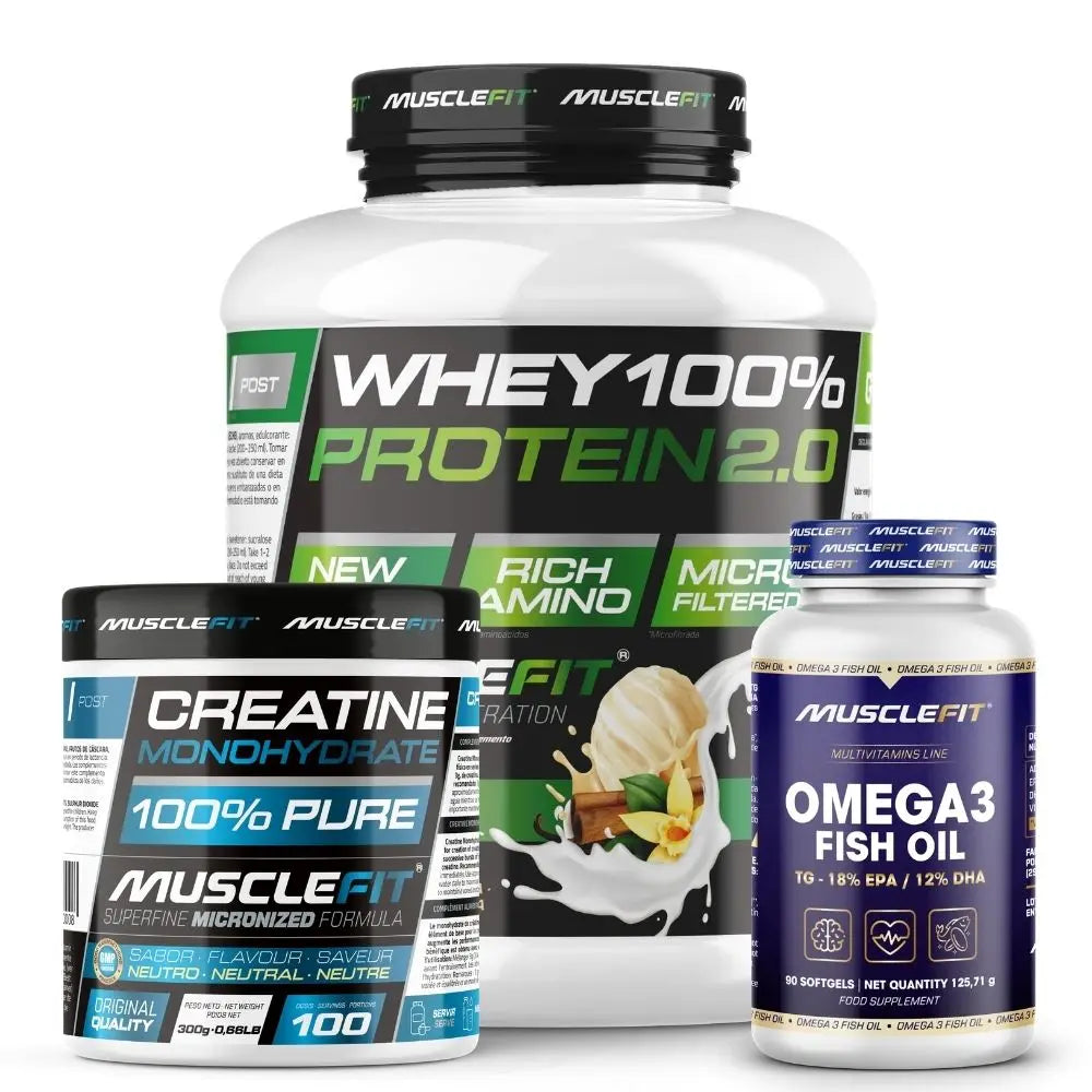 Pack Proteína WHEY 2kg + Creatina 300g + Omega 3 90cáps - Musclefit  Avance Muscular│Mas musculos│Vitaminas