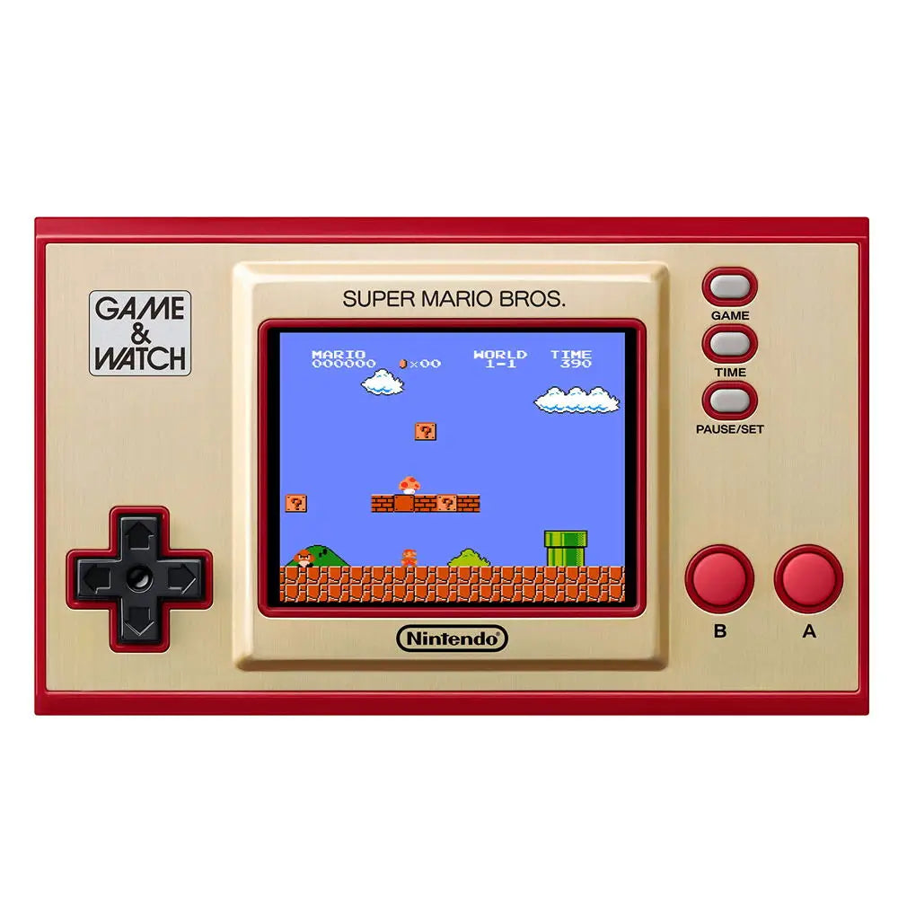 Play Super Mario Bros. with Game & Watch console, featuring additional controller, digital clock with 35 animations, includes Super Mario Bros., The Lost Levels, and Ball games for 1-2 players, ideal retro games console.