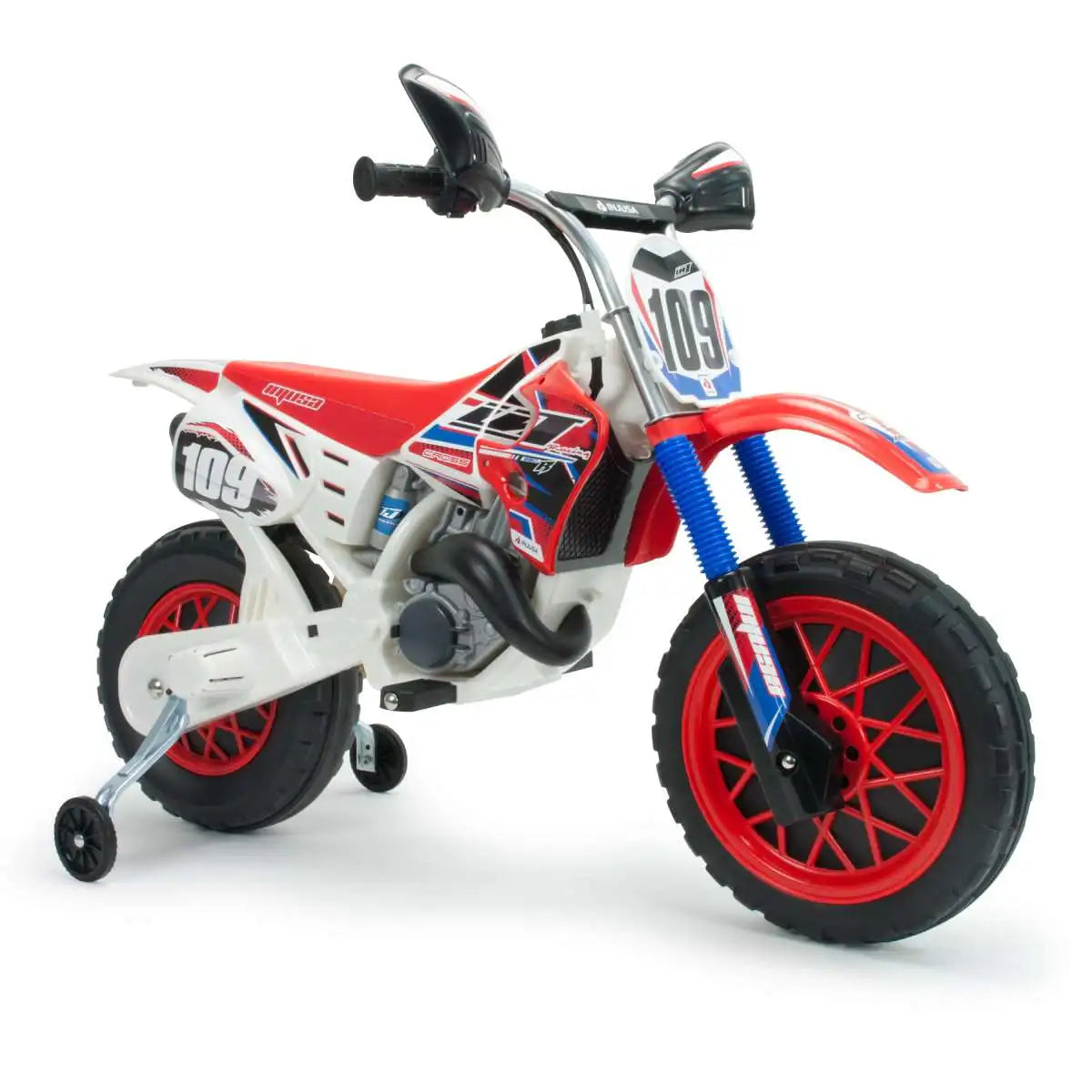 Injusa - cross cr children's electric motorcycle |   Battery motorcycle for children from 3 to 6 years |   6v battery |   Grip throttle |   Eva rubber bands on wheels |   Stabilizing wheels |   Max speed 6 km/h |   Green and