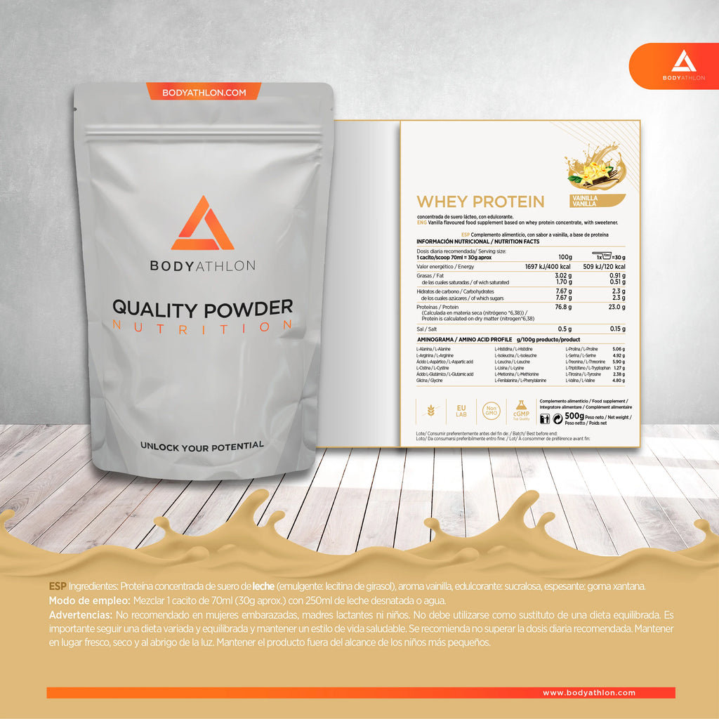 Whey Protein Vainilla– Proteina Vainilla en Polvo- Proteina para Ganar Masa Muscular– Proteina de Suero de Leche- Proteina para Masa Muscular- Sin lecitina de soja- Apta para Vegetarianos- Bodyathlon