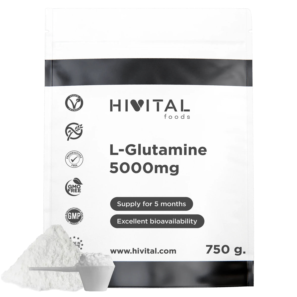 L-Glutamina 5000 mg | 750 gramos de polvo vegano