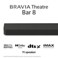 Barra de sonido Sony HTA8000.CEL  | IMAX® Enhanced, 495W, Subwoofer Inalámbrico (subwoofers opcionales: SA-SW5 300 W, SA-SW3 200 W)., Wifi, Bluetooth, Negro, 11 Altavoces