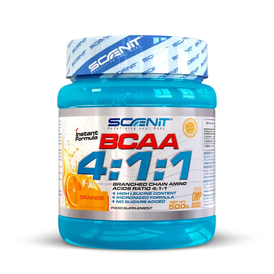 BCAA 4:1:1 - 500 g - Aminoácidos ramificados en polvo con sabor - BCAA en polvo con sabor - Leucina, isoleucina y valina 4:1:1 - Aminoácidos BCAA 4:1:1 en polvo con sabor