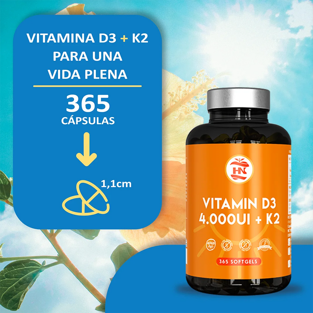 Vitamina D3 + K2 - 365 Cápsulas - Vitamina D3 4000 UI (100 µg) con Vitamina K2 MK-7 - Complemento Alimenticio