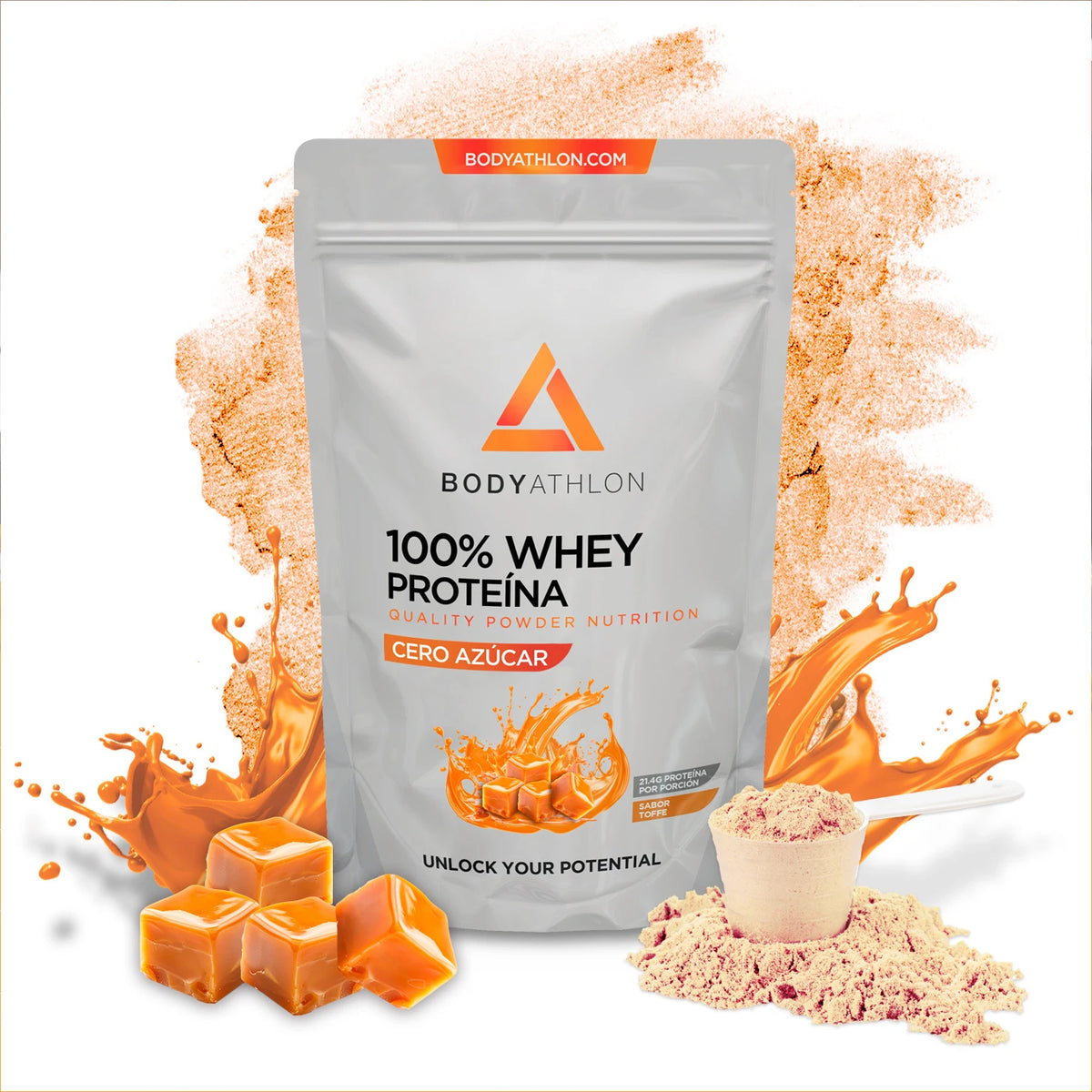 Whey Protein Toffee Caramelo – Proteina en Polvo  Toffee Caramelo- Proteina para Ganar Masa Muscular– Proteina de Suero de Leche- Proteina para Masa Muscular- Sin lecitina de soja- Apta para Vegetarianos- Bodyathlon