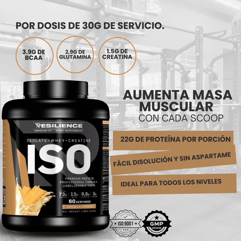 Resilience- Proteina Whey con Creatina - Proteína Con BCAA y GLUTAMINA - para Fuerza, Volumen y Recuperación Vainilla Coockie 1.8 KG