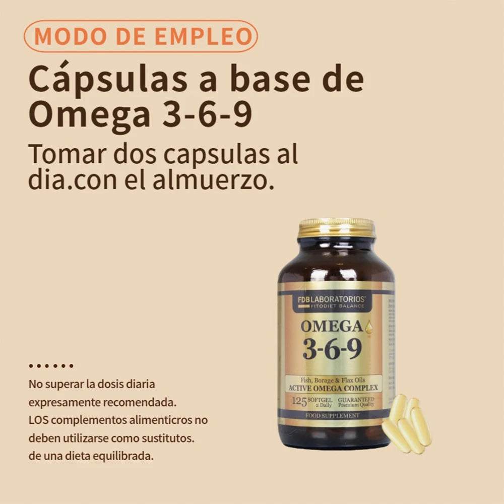 🎀FDB omega 3 6 9-Fish,Borage & Flax Oils active omega complex|Rich in vitamin E|125 cápsulas blandas