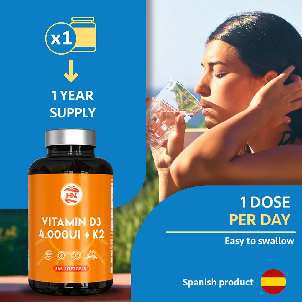 Vitamina D3 + K2 - 365 Cápsulas - Vitamina D3 4000 UI (100 µg) con Vitamina K2 MK-7 - Complemento Alimenticio