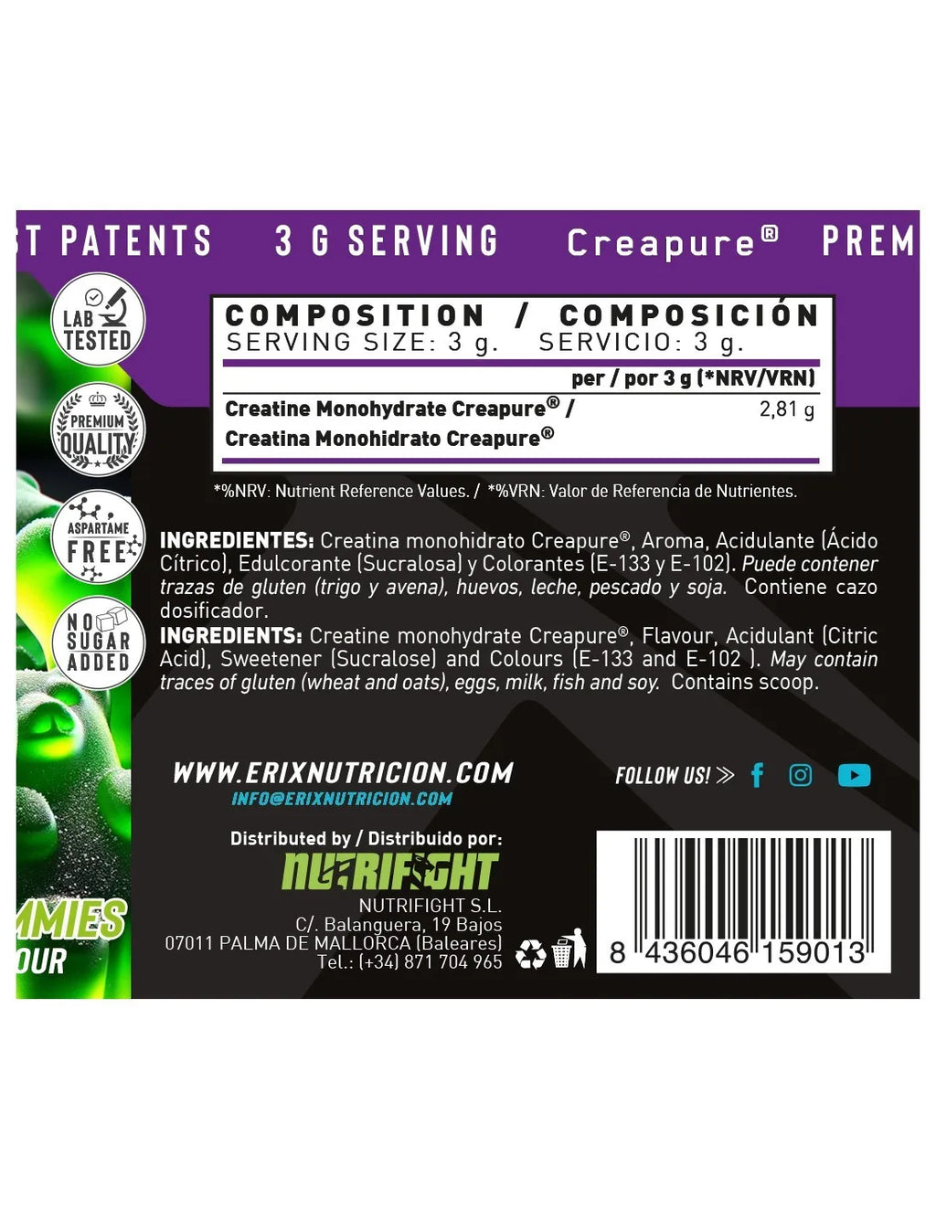 ERIX Nutrición Creatina CREAPURE 300g Sabor Gominolas Verdes