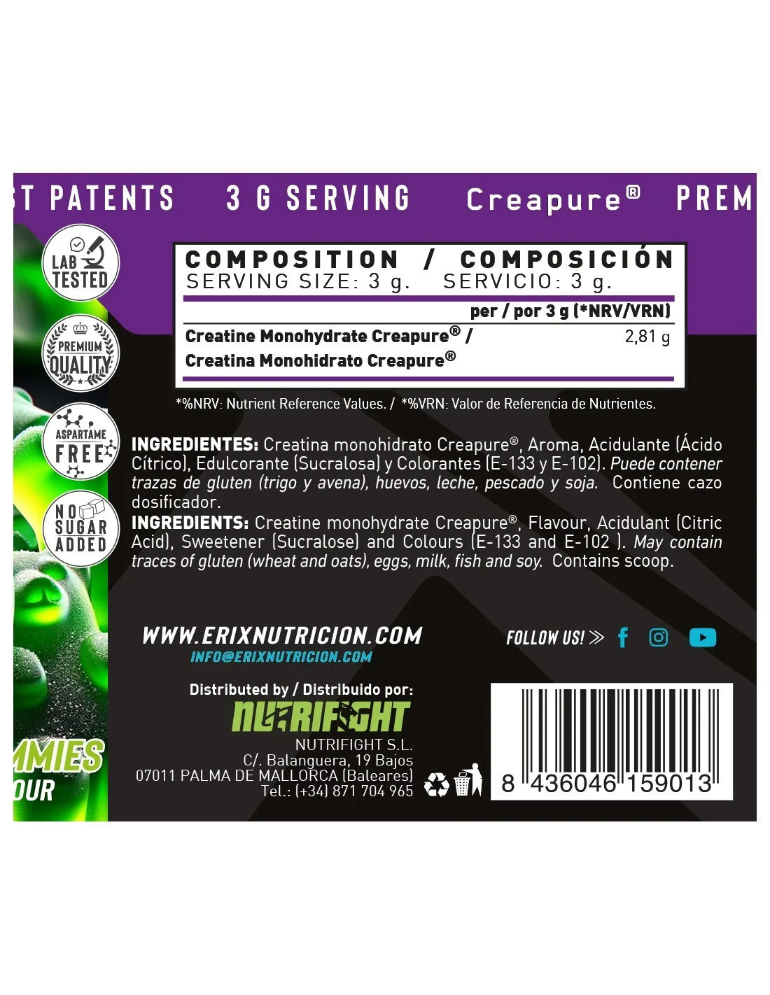ERIX Nutrición Creatina CREAPURE 300g Sabor Gominolas Verdes