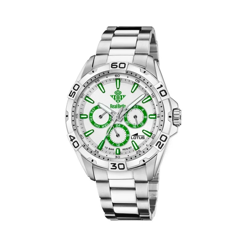 Reloj Lotus para hombre, oficial del Real Betis, acero inoxidable, esfera multifunción verde y blanca, 44 mm, resistente al agua 10 ATM, reloj deportivo elegante y con estilo.