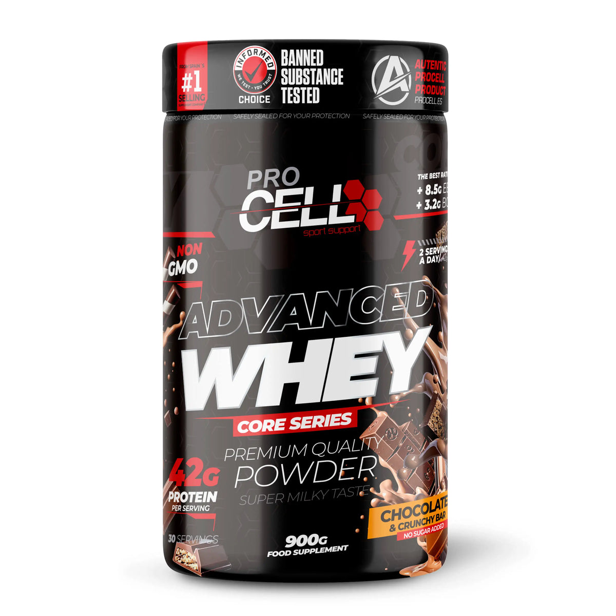 Proteína Concentrada - Whey Core 900gr Chocolate & Crunchy bar (topping choco crunchy bar) Procell Sport - Suplemento Deportivo Alto en Proteína y  Bajo  en Carbohidratos