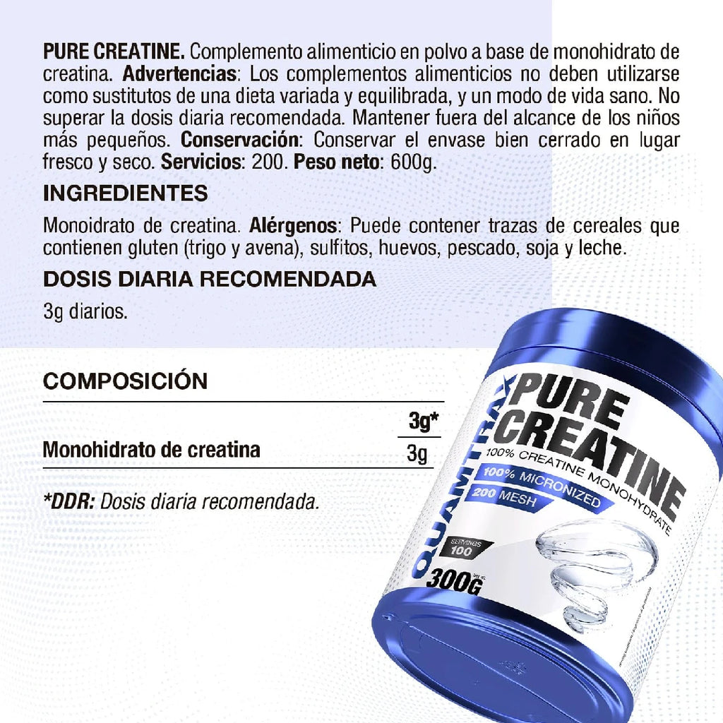Quamtrax Pure Creatina Monohidrato 300g - Alta Absorción - Aumenta la Fuerza, Rendimiento y Masa Muscular - Sabor Neutro