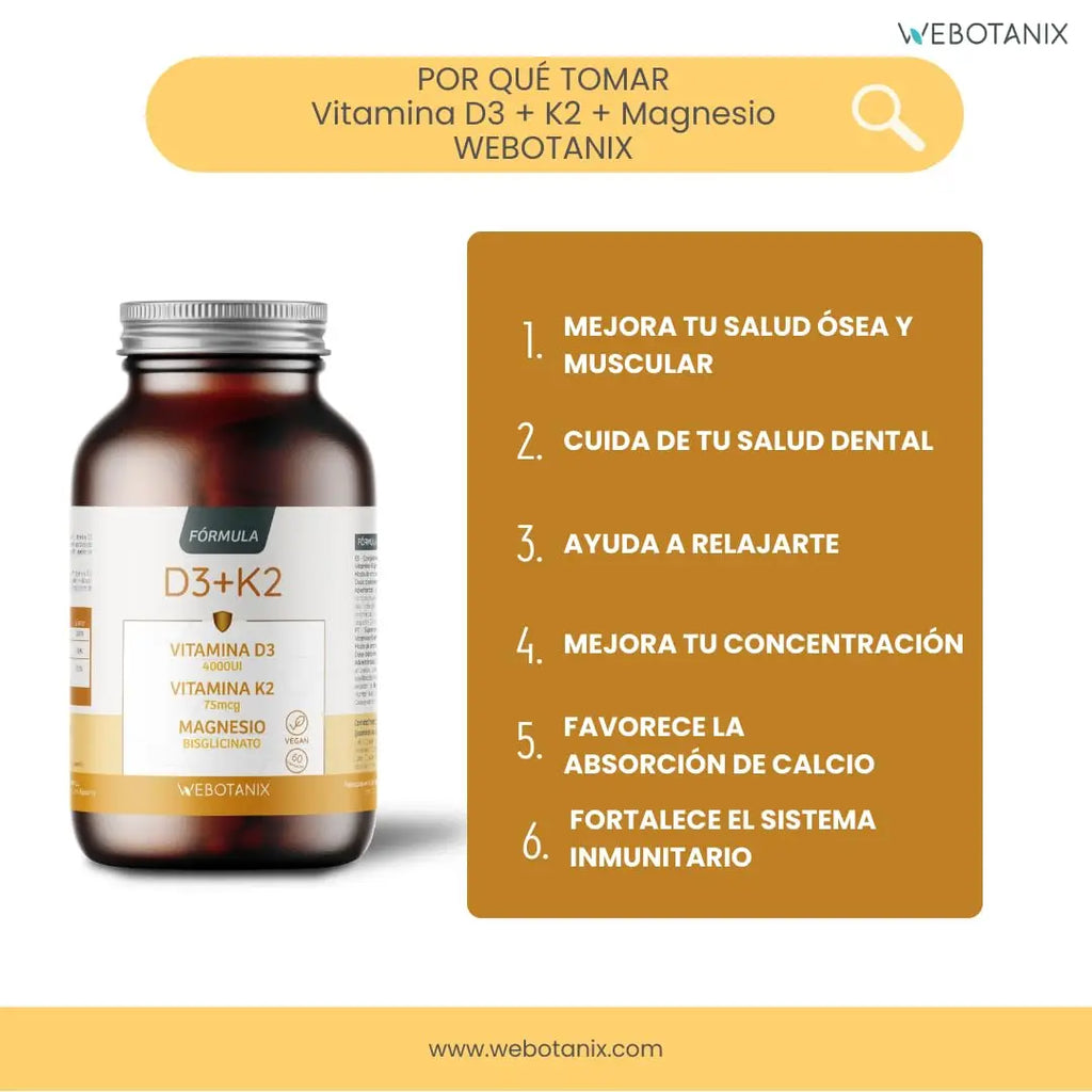 WeBotanix  Fórmula Vitamina D3 y K2 4000 UI con Magnesio  Colecalciferol, Menaquinona-7 y Bisglicinato de Magnesio  Alta Absorción  60 Cápsulas  Salud Ósea, Muscular e Inmunitaria  Vegano