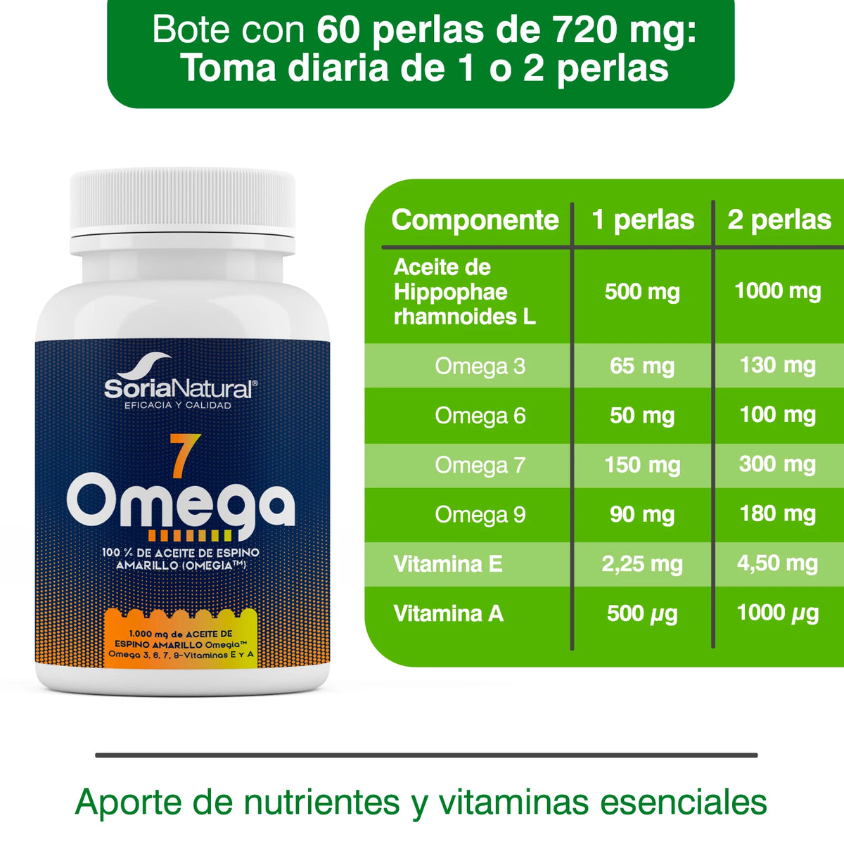 Omega-7 con Omegia Soria Natural – Aceite de Espino Amarillo con Omega 3, 6, 7 y 9 - Con Vitaminas E y A - 60 Perlas