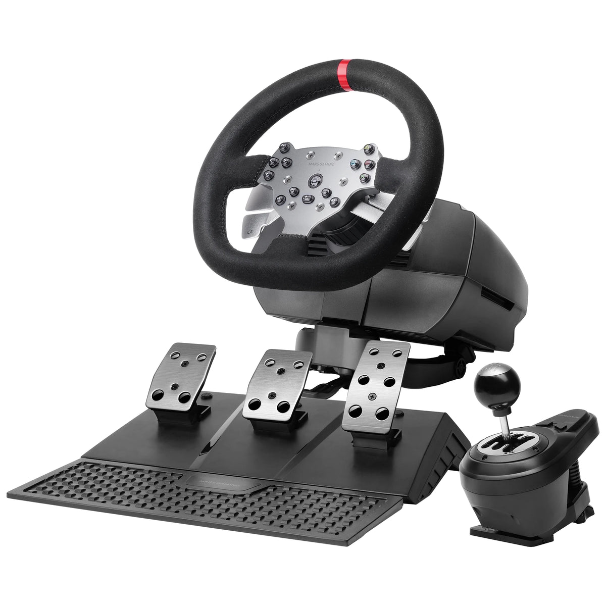 Volante de carreras Mars Gaming MWH-RSX con Force Feedback y doble motor, juego de 3 pedales con resistencia progresiva, palanca de cambios en H de 12 marchas, 14 botones personalizables, compatible con PC, PS4, Xbox Series X/S, negro