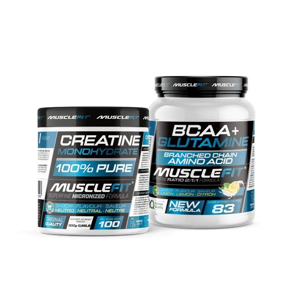 MUSCLEFIT Pack Ahorro Glutamina + Bcaa´s 500g - Varios Sabores + Creatina Monohidrato 300g - Sin Sabor