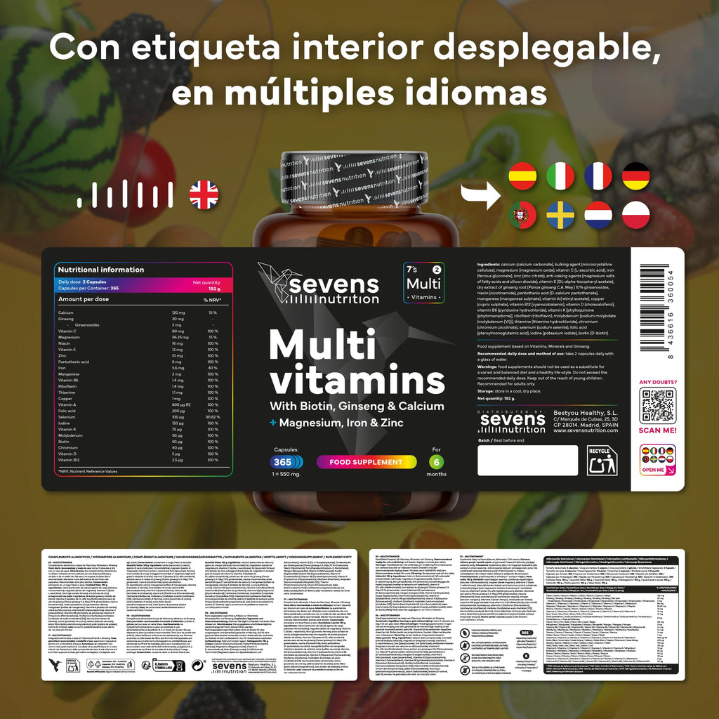 Pack 2x Multivitaminas - 730 Cápsulas Veganas - Con Vitaminas, Minerales y Ginseng - Sevens Nutrition