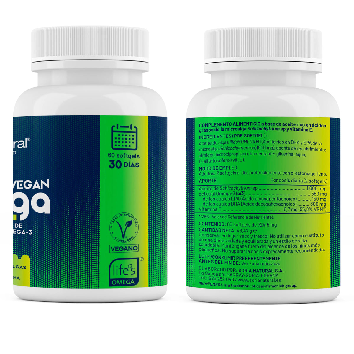 Omega-3 Vegano con EPA y DHA Soria Natural - Aceite de Microalga Schizochytrium - Con Vitamina E - Alto Contenido en Ácidos Grasos - Salud Cardiovascular - 60 perlas de 724,5 mg.