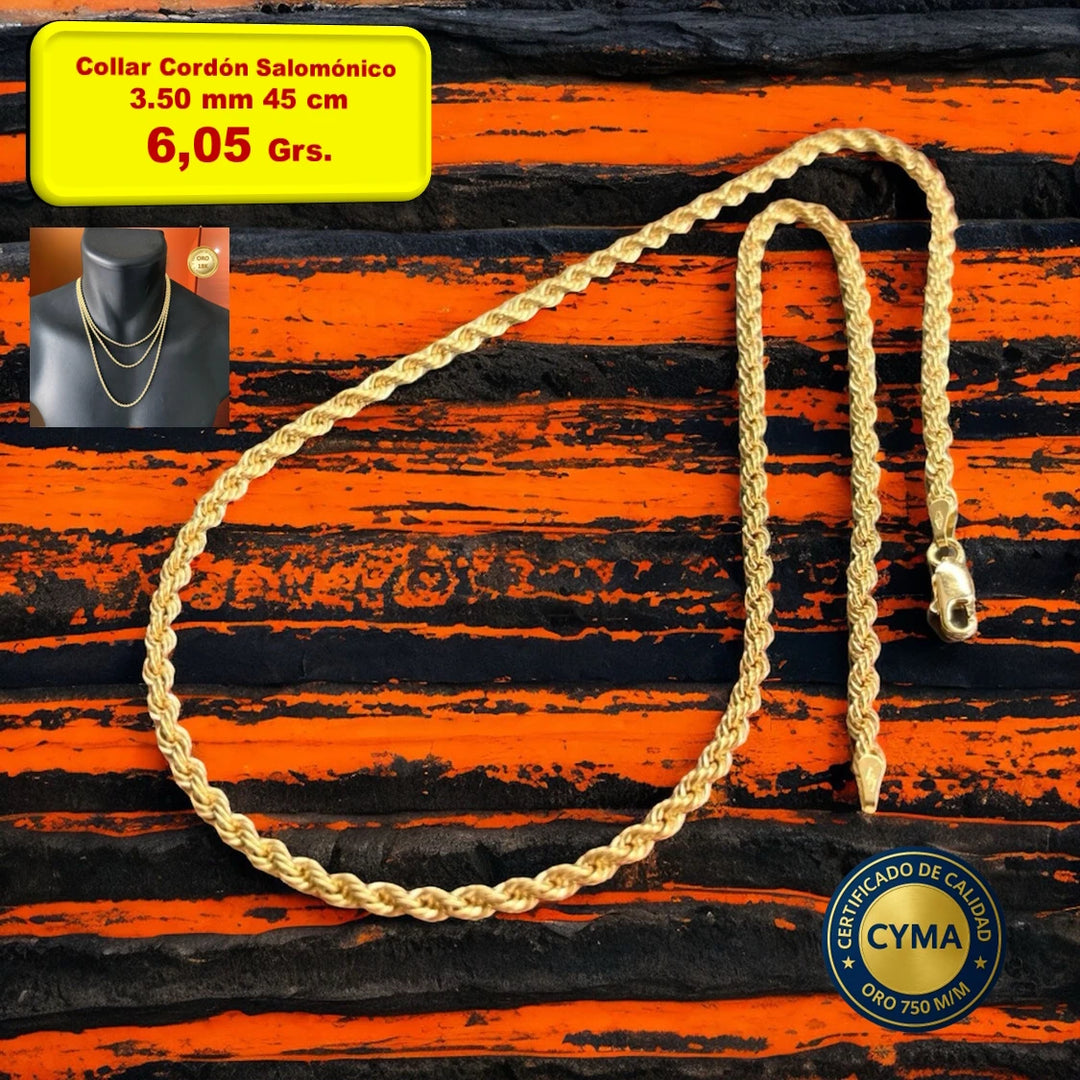 Mrc Collar Cordón Salomónico 3.50 mm 45 cm Oro 18 Kilates, con certificado de calidad