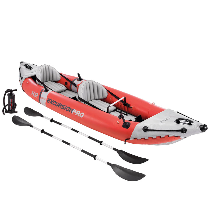INTEX - Kayak hinchable Excursion Pro K1 o K2, 1 o 2 personas, de vinilo resistente, con 2 quillas, 2 soportes para caña de pesca, incluye remo e hinchador, asiento, respaldo y suelo hinchables, diseño rojo y gris, con bols