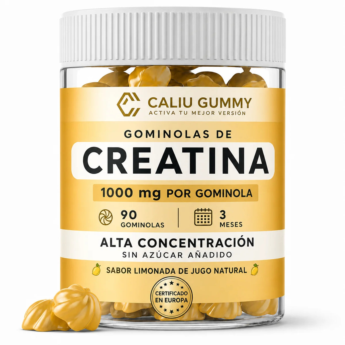 Creatina Monohidrato en Gominolas 3000 mg | 90 Gummies Sabor Limón | Sin Azúcar | Suplemento Alimenticio