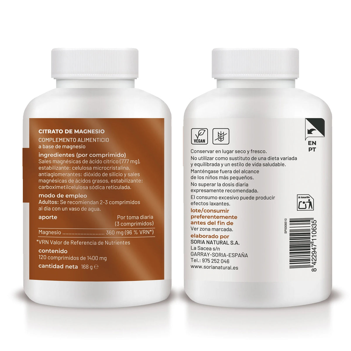 Soria Natural Magnesio Citrato de ALTA ABSORCIÓN - Complemento Alimenticio para Músculos, Huesos Energía y Sistema Nervioso - 120 comprimidos