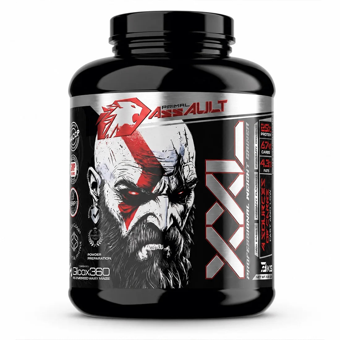 PRIMAL ASSAULT | XXL Mass Gainer 3 kg, 25% Proteína, Chocolate，COOKIES，Vainilla
