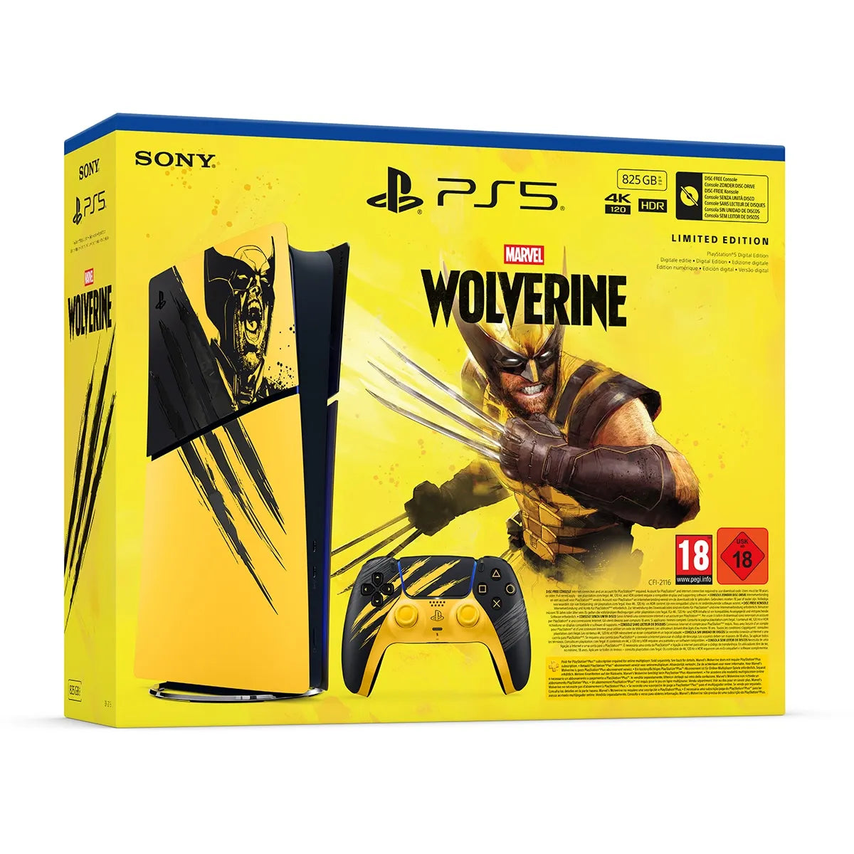 PS5 Digital Bundle Limited Edition Marvel Wolverine Combat Yellow - Official Console with unique design. Perfect for gamers seeking a special addition to their collection.